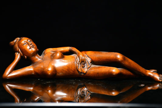 Chinese Antique Boxwood Carved Beautiful Woman Statue Sexy Sculpture Home Decor