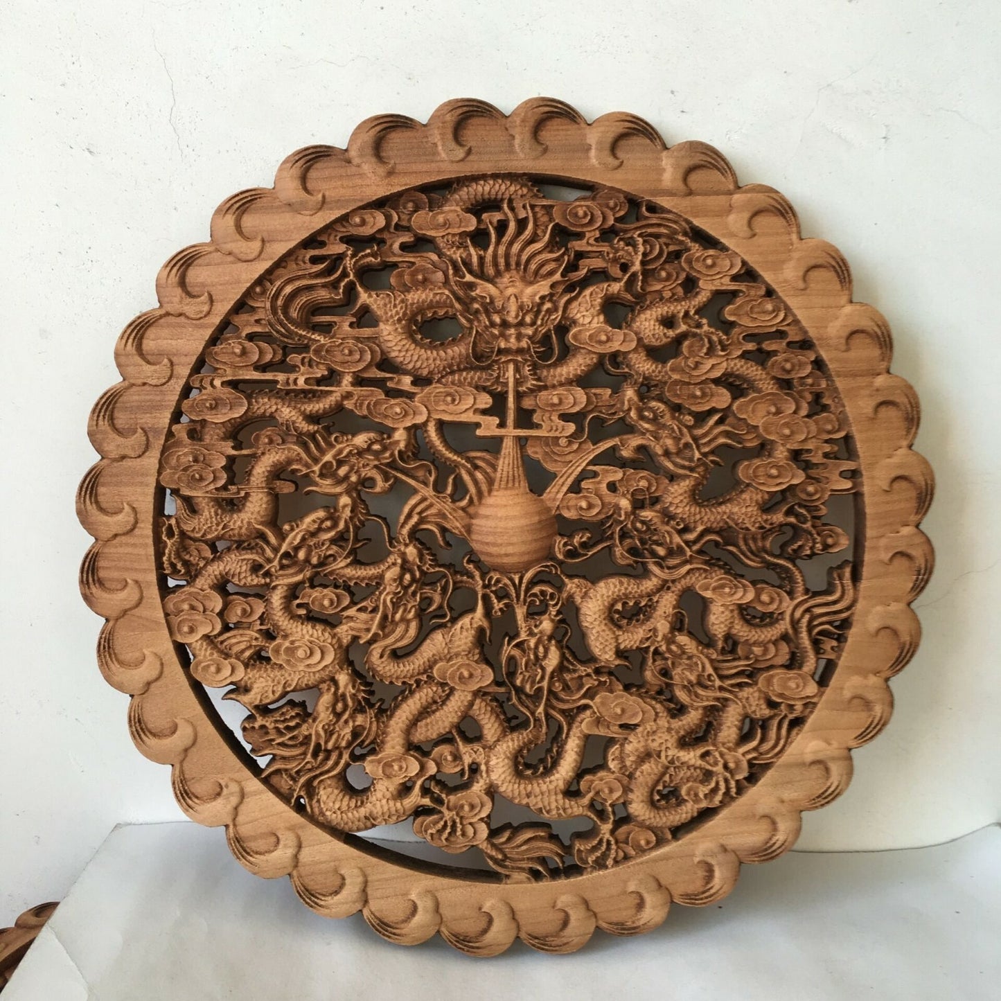 Hand Carved Camphor Wood Round Plate Wall Sculpture Dragon Statue