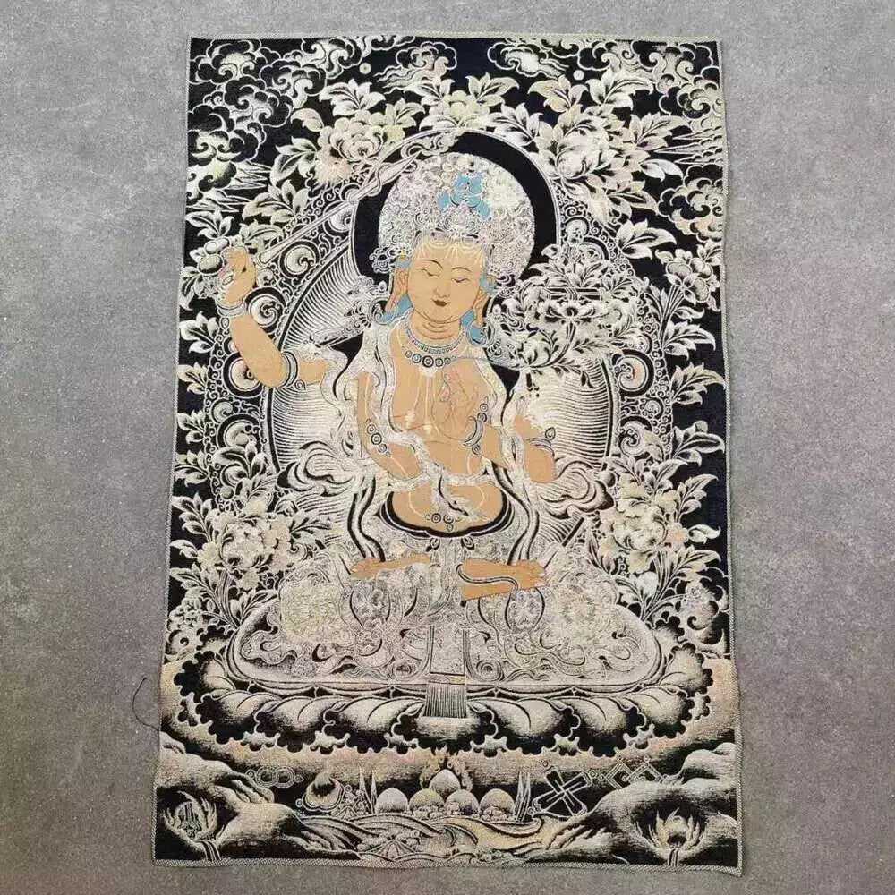 Retro Brocade Craft Thangka Embroidery Painting Caishen Buddha Tangka