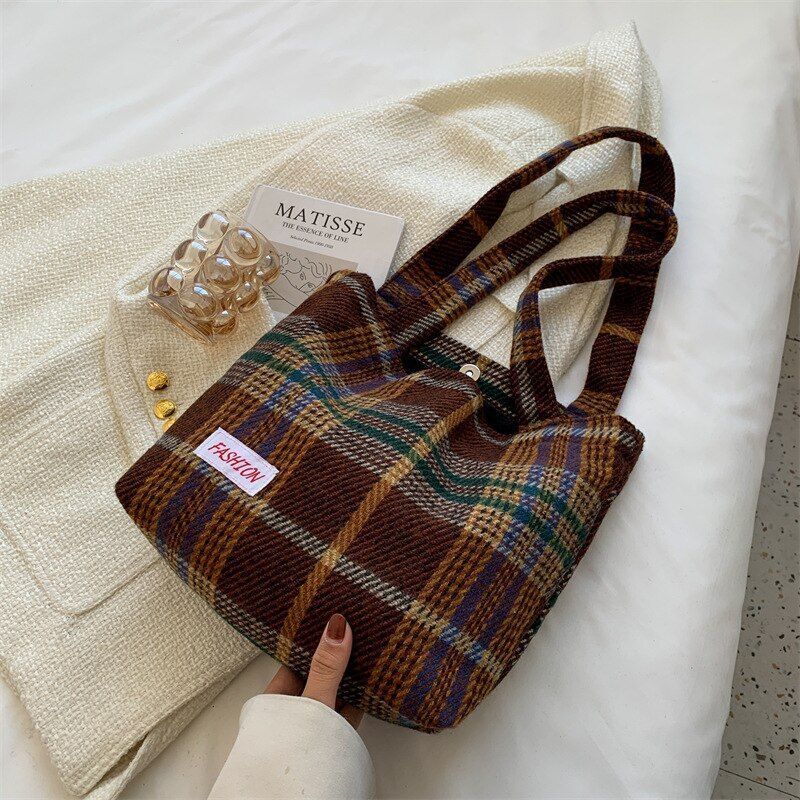 Shoulder Bag Wool Shopper Purse Large Soft Plaid Travel Handbag Green Plaid Bag