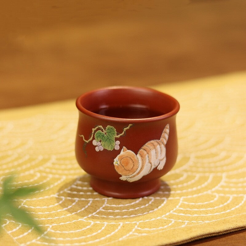 Traditional Craft True Yixing Zisha Dahongpao Clay Marked Tea Cup Cat Handpaint