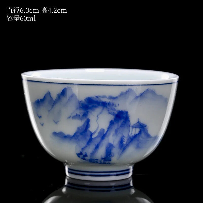 60ml Hand-painted Landscape Tea Cup Blue White Porcelain Shadow Green Tea Bowl