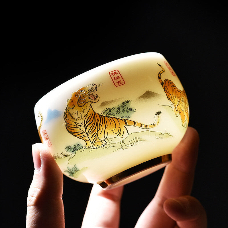 3.38" Mutton Jade Porcelain Tea Cup Mascot Tiger Print Under Glaze Master Cup