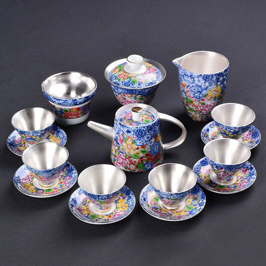 Vintage Sterling Silver Teapot 999 Sterling Tea Set Pots Gaiwan Tea Cup Saucer