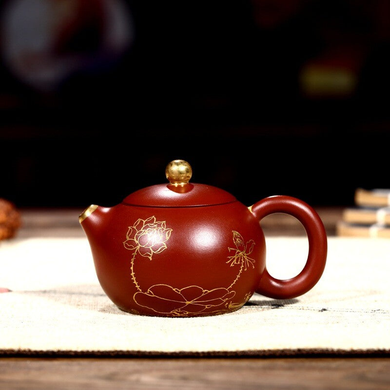 95ml China Yixing Zisha Teapot Handpainted Lotus Dahongpao Purple Clay Xishi Pot