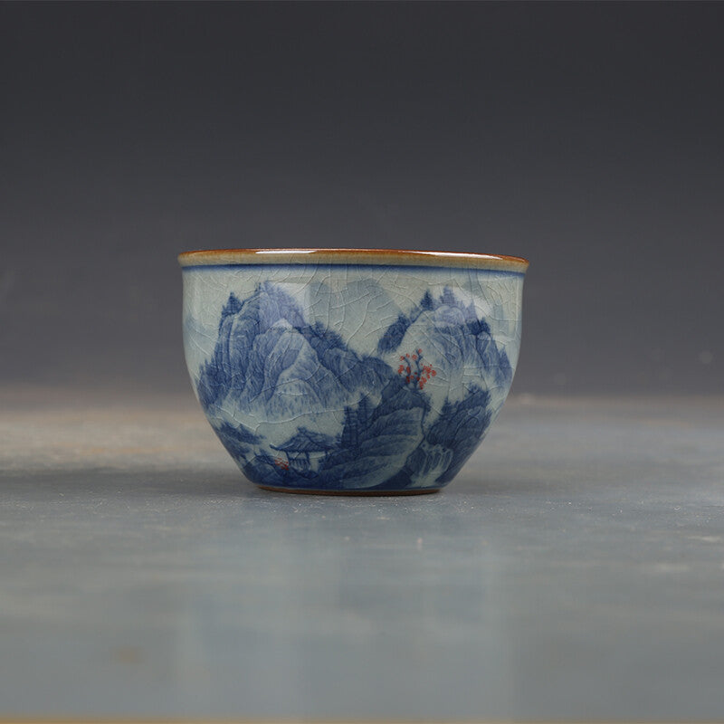 3.2" Chinese Jindezhen Blue-and-white Porcelain Mountain Water House Cup