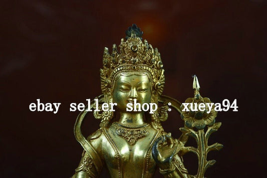 9.2" Old Tibet Bronze Gilt Green Tara Kwan-yin Guan Yin Goddess Buddha Statue