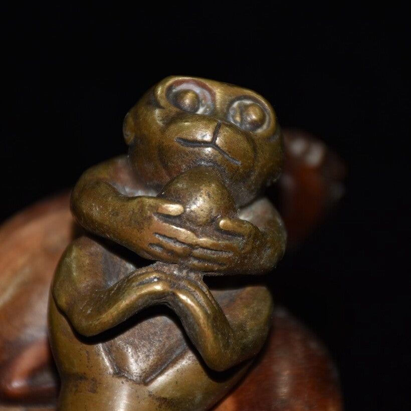 Exquisite Old Chinese copper handmade monkey head crutch head statue