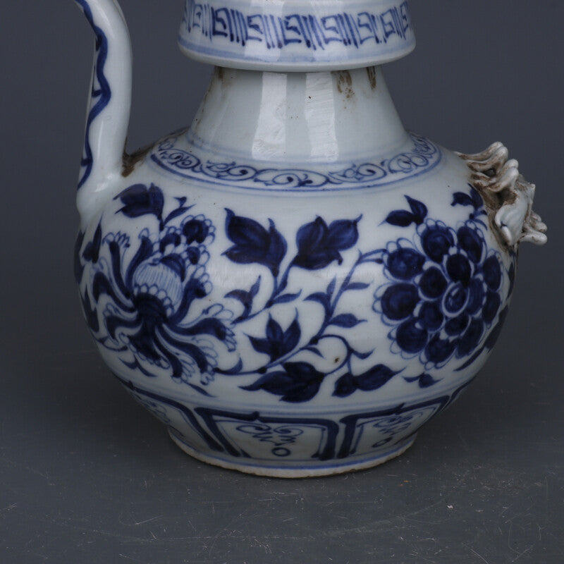 7.1" Chinese Yuan Blue-and-white Porcelain Peony Flower Two Mouth Teapot
