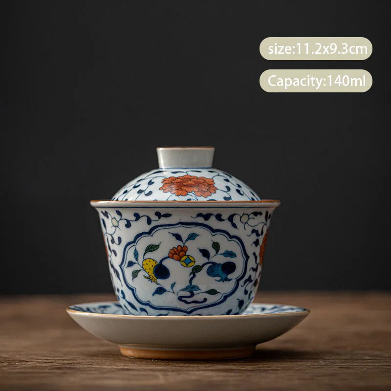 Chinese Blue and White Ceramic Gaiwan Pot Bearing Handmade Tea Bowl Teacup