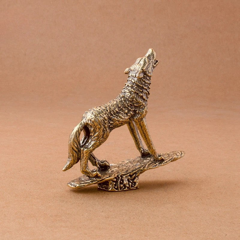 Solid Brass Prairie Rock Stone Wolf Statue Desktop Ornament Animal Figurines