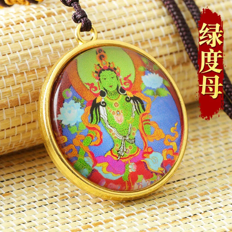 New Green Tara Buddha Statue Small Thangka Buddhism Copper Pendant Necklace