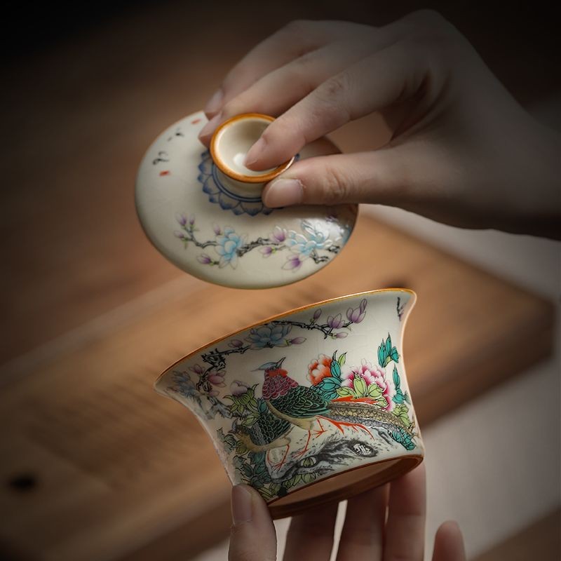 Famille Rose Bird Flower Gaiwan 7.5cm 150ml Antique Crackle Glaze Tea Bowl