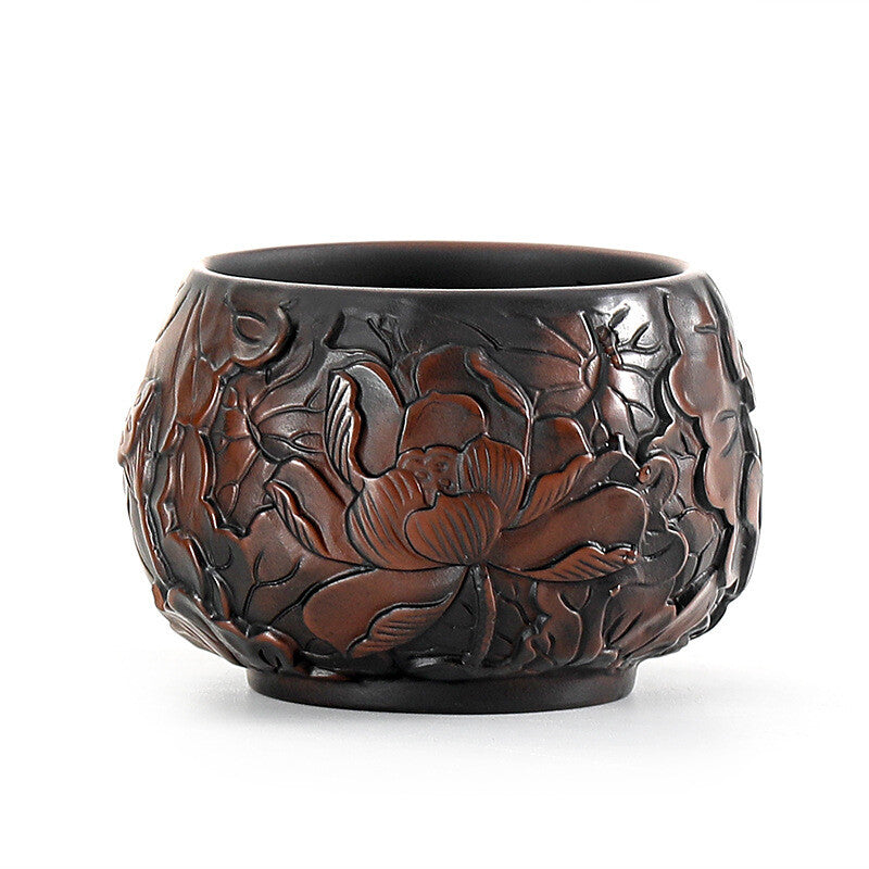 One Cup Handmade Floral Dragon Carved Yixing Zisha Purple Pottery Kungfu Teacups