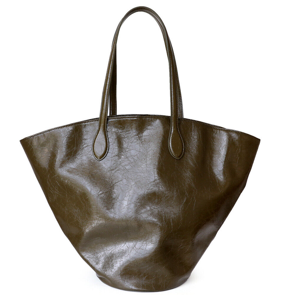 Large Shiny Soft Real Leather Waxed Tote Handbag Purse Shoulder Bag Shopper