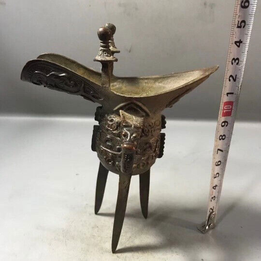 Antique Chinese Bronze Wine Drinking Cup Vessel Jue Three Tripod Legs Goblet