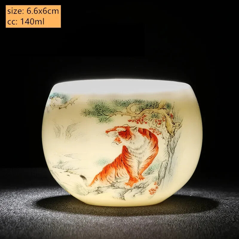Jade Ceramic Tea Cup Zodiac Tiger Tea Cup Master Cup White Porcelain Tea Set