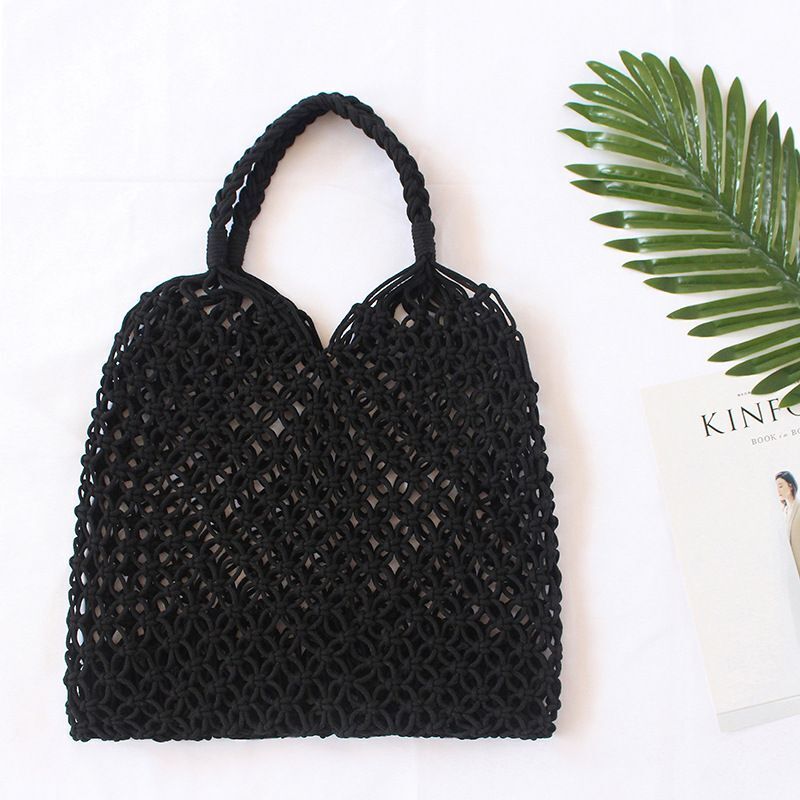 Summer Woven Beach Bag Handmade Hollow Out Straw Bag Tote Cotton Rope Crochet
