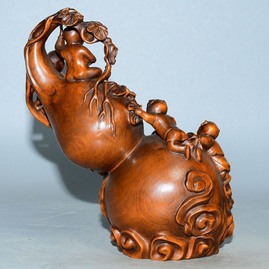 China Boxwood Hand Carved with Many Many Blessings Gourd Ornament Statue