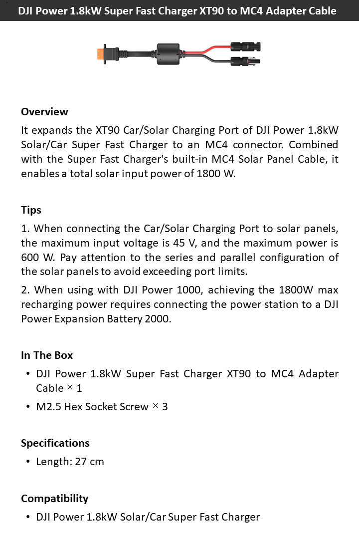 DJI Power 1.8kW XT90 to MC4 Adapter Cable for Solar/Car Charger