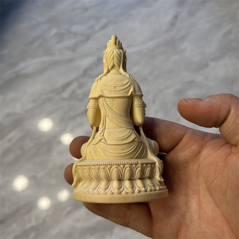 11cm Retro Boxwood Handcarved Avalokitesvara Bodhisattva Buddha Statue Ornament