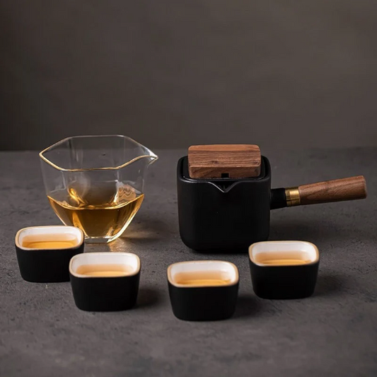 Black Ceramic Kyusu Teapot with 4 Cups and Glass Pitchers