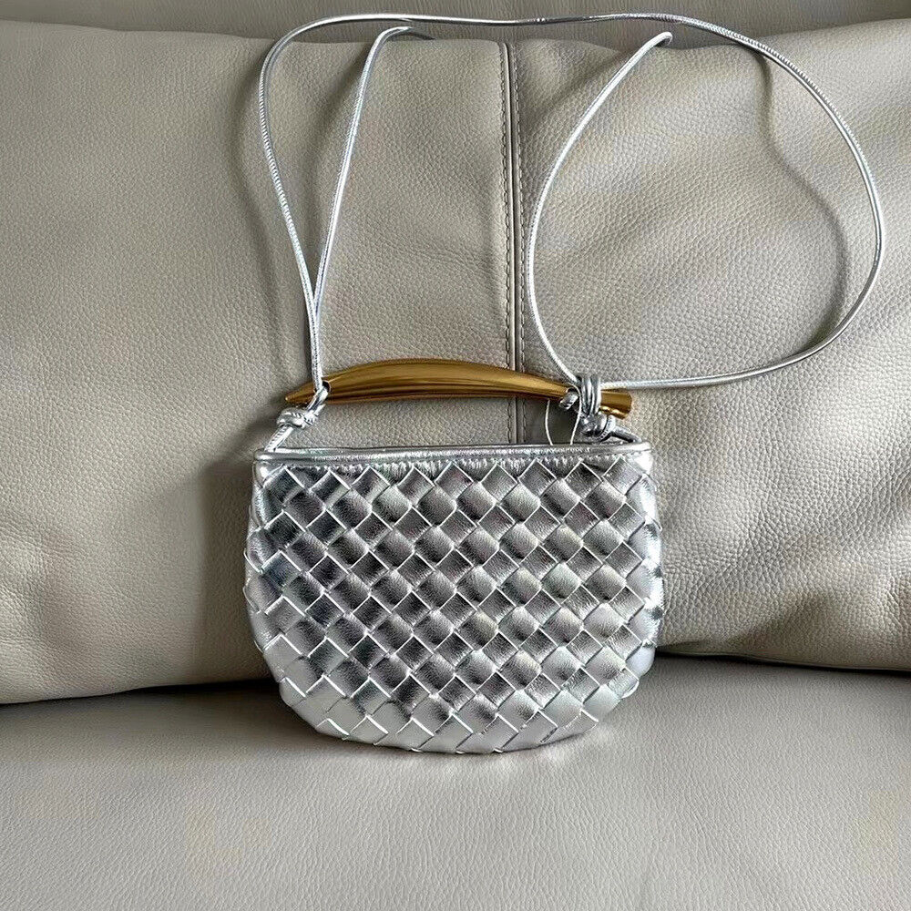Small Mini Woven Microfiber Leather Metal Handle Clutch Purse Shoulder Bag Tote