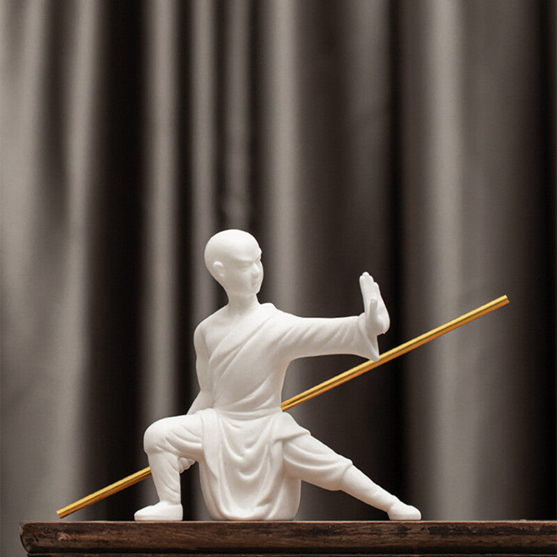 Porcelain Monk Statue Chinese Kungfu Posture Shaolin Monk Boy With Bar Tea Pet