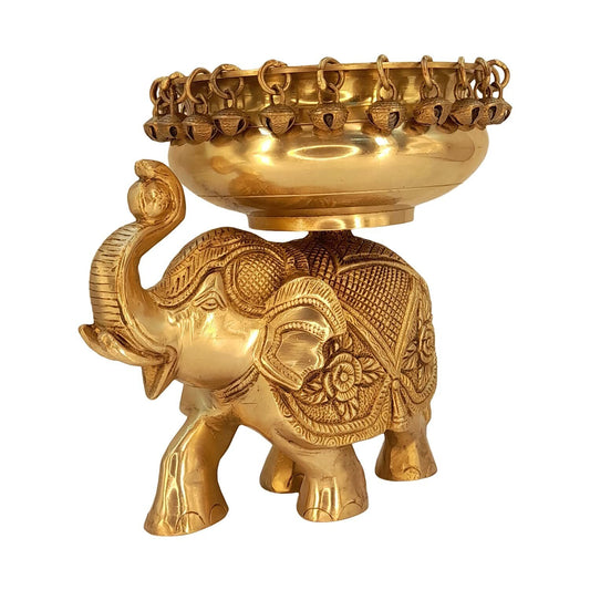 Brass Traditional Urli On Elephant with Bells Idol Figurine Home Decor Statue