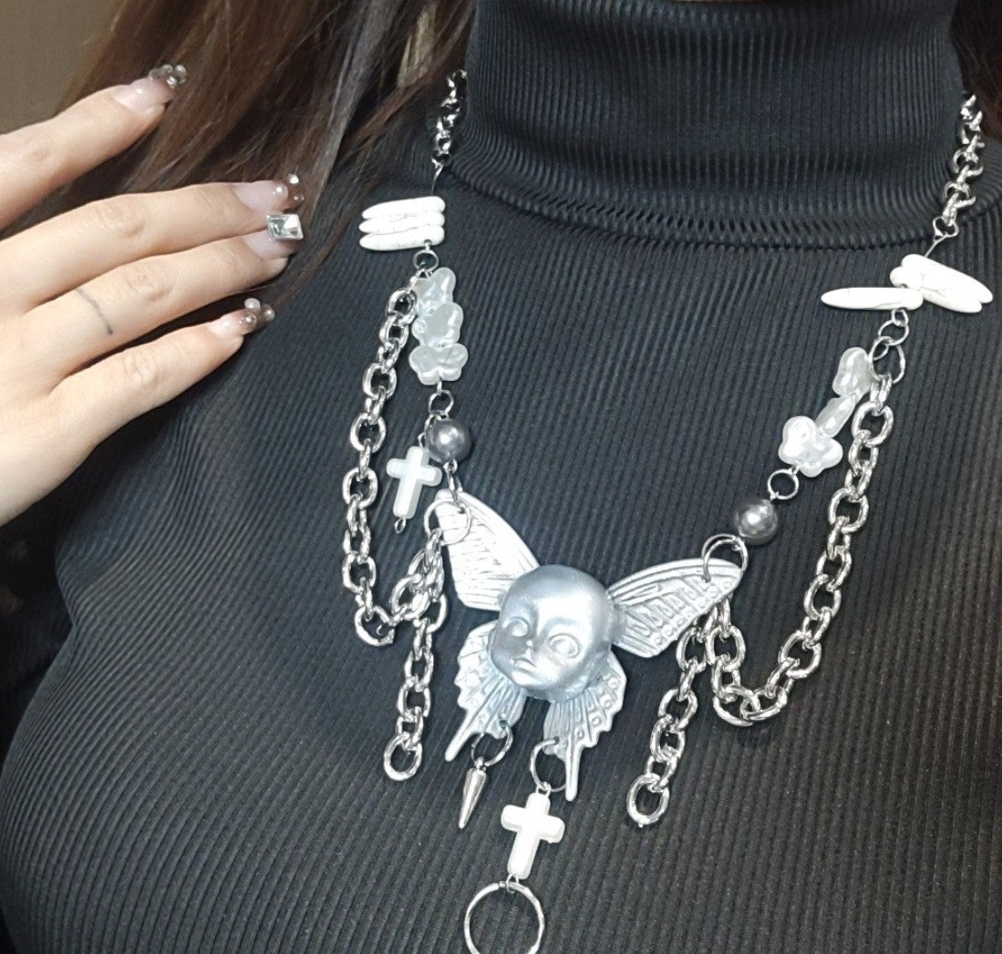 Heavy Duty Cyberpunk Silver Butterfly Doll Head Multi-Layer Necklace
