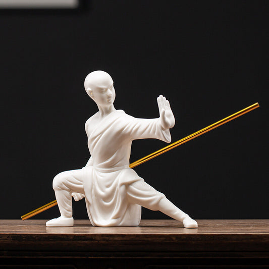 Porcelain Monk Statue Chinese Kungfu Posture Shaolin Monk Boy With Bar Tea Pet