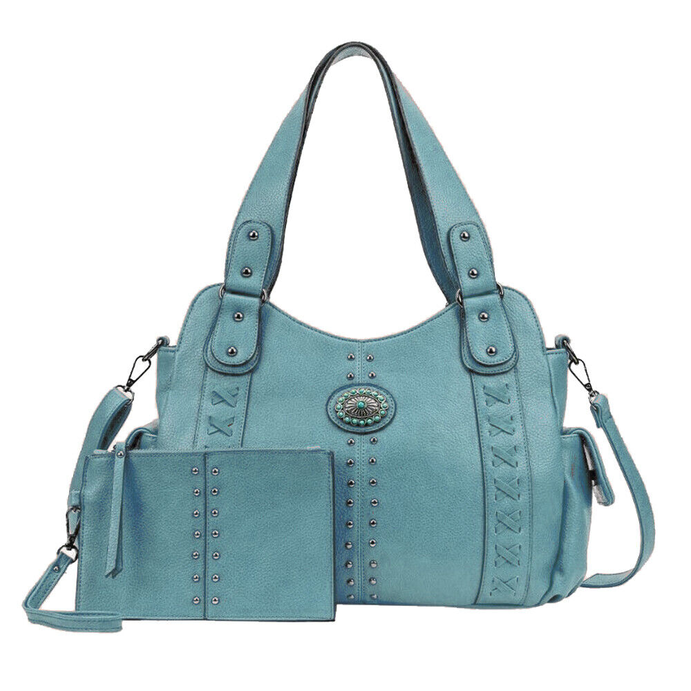 2x/set Concealed Women Shoulder Handbag Bag Turquoise Concho Stud Stitch Purse