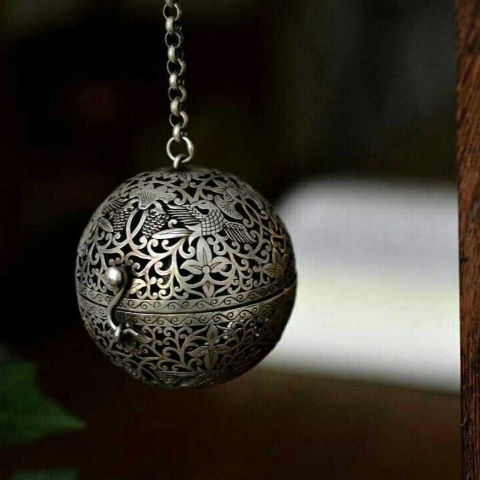 Chinese Vintage Silver Plated Openwork Bird Flower Incense Ball 5.4cm