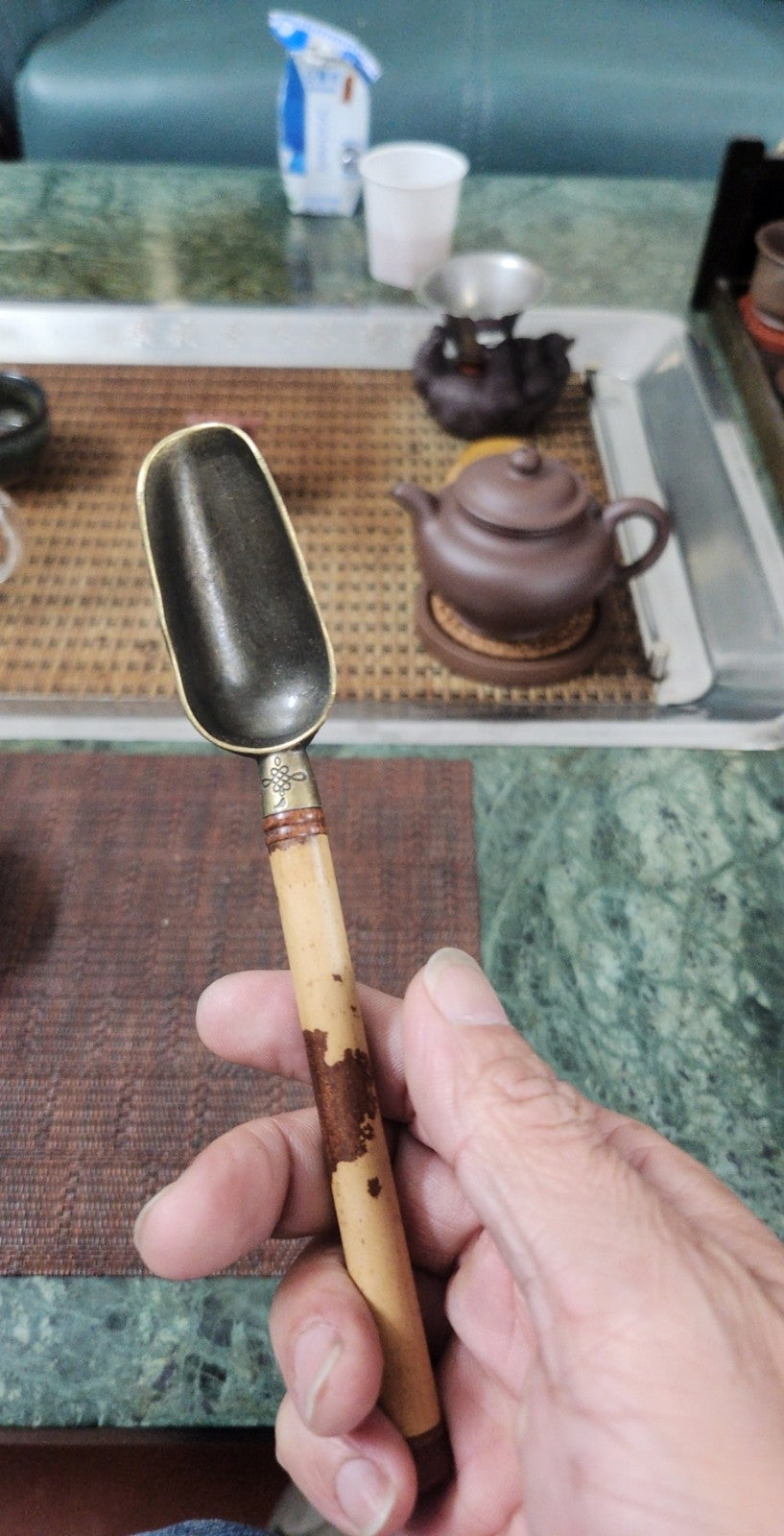 Vintage Xiangfei Bamboo Tea Scoop Brass Ceremony Accessory Spotted Bamboo