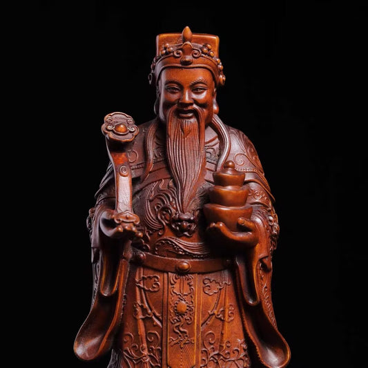 7.5" Boxwood Carved Caishen Statue God Wealth Money Home Shrine Decor Blessing