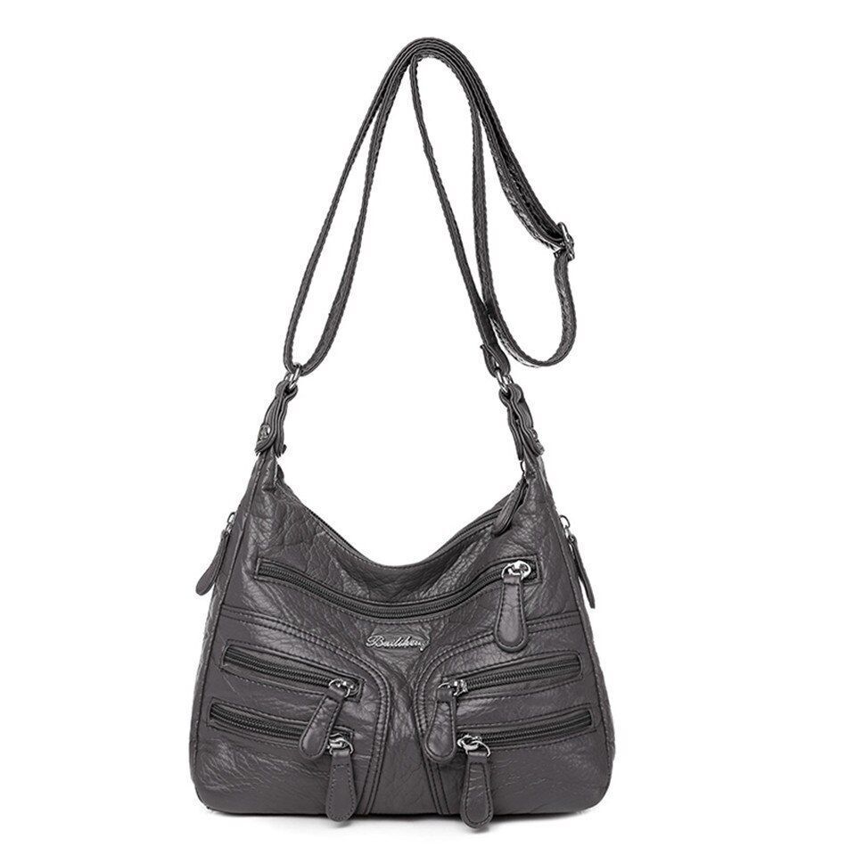 Sheepskin Leather Shoulder Bag Many Pockets Casual Crossbody Women Purse Handbag