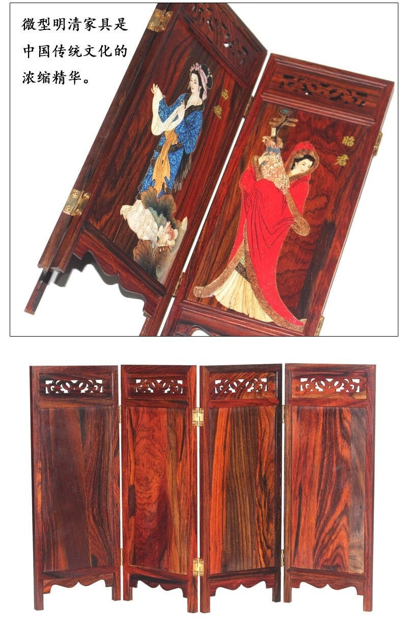 Rosewood Carved Chinese Beauty Folding Screen Lacquer Miniature Furniture Panel