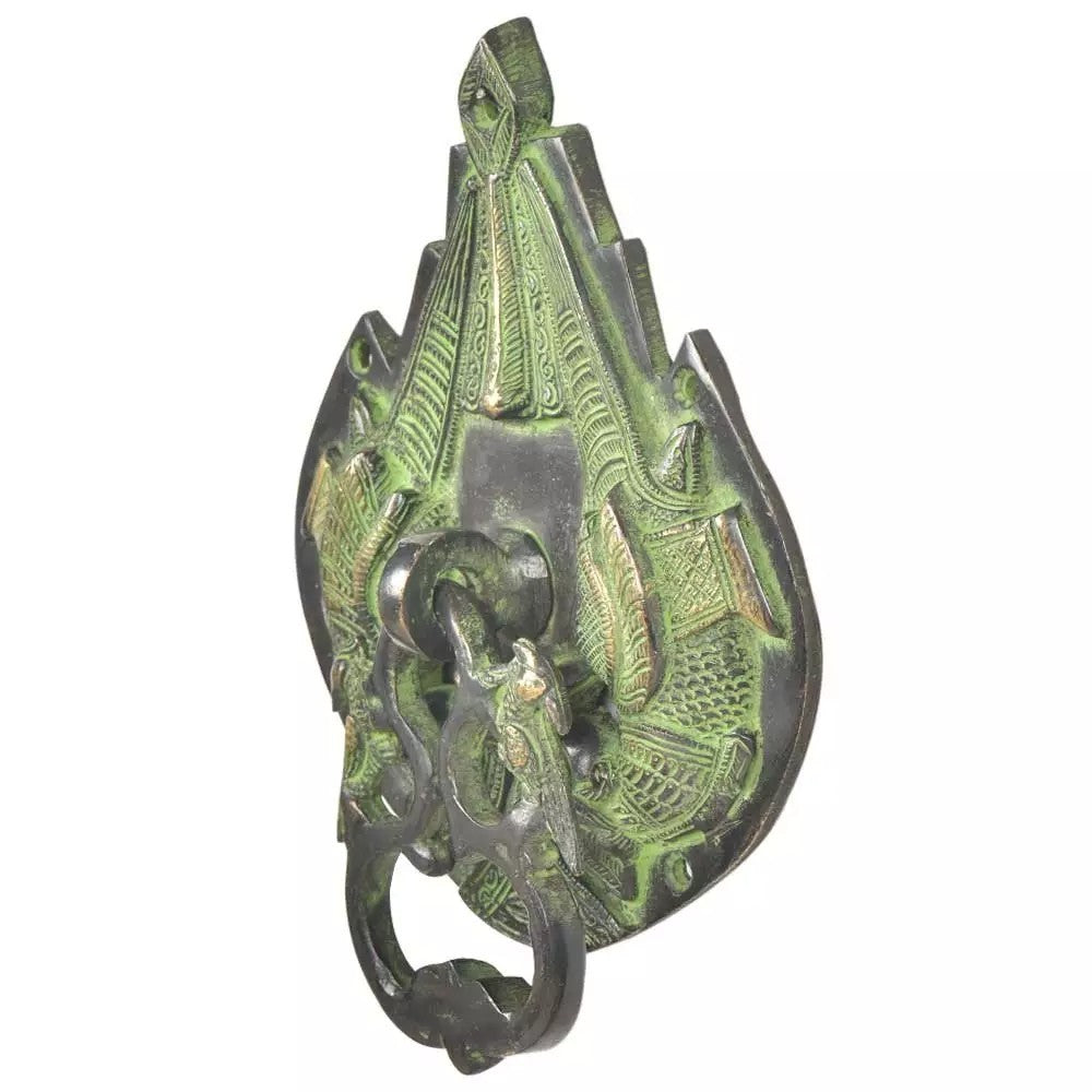 Antique Look Brass Ornate Green Patina Parrot Bird Door Knocker