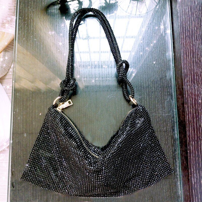 Silver Rhinestones Handbag Glitter Bags Knotted Purses Shining Strap 34*16*1 CM