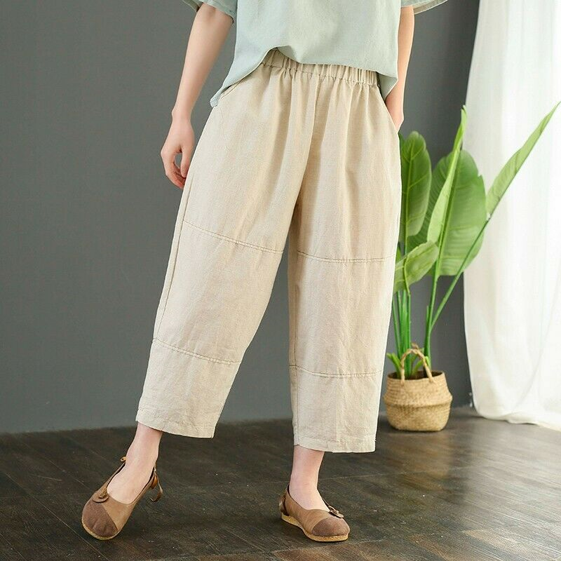 Women Comfort Loose Fit Baggy Flax Linen Harem Pants Leisure Pockets Trousers @