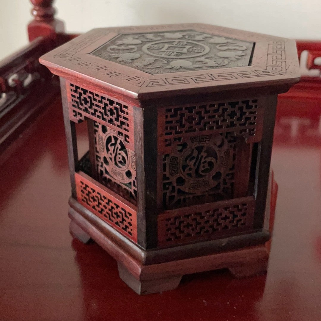 Red Rosewood Hexagonal Hollow Incense Box Double Layer Incense Holder Home Decor