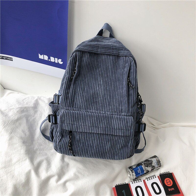 Corduroy Backpack Cartoon Cute School Bag Large Women Corduroy 35-55L Brown/Blue