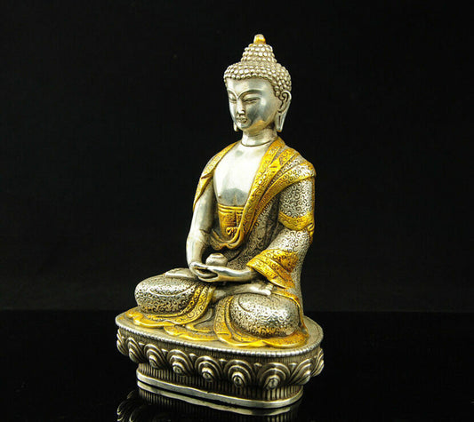 Exquisite Tibet Silver Gilt Tibetan Buddhism Sakyamuni Buddha Statue