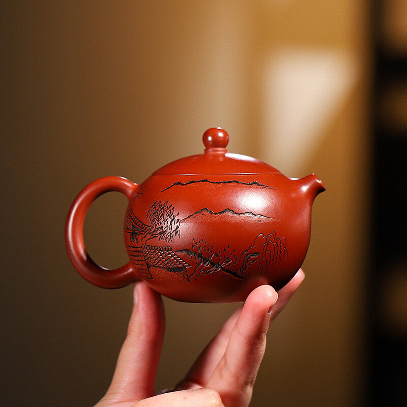 110ml Tea Pot Ball Shaped Infuser Holes Full Handmade Carved House Marked Xishi