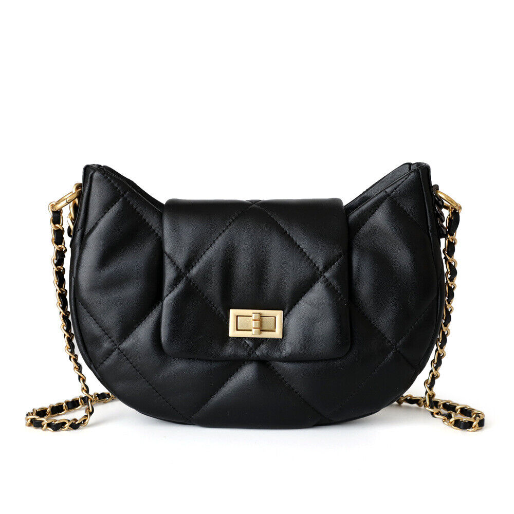 Quilted Real Leather Shoulder Bag Small Flap Purse w/ Chains Tote Hobo Handbag