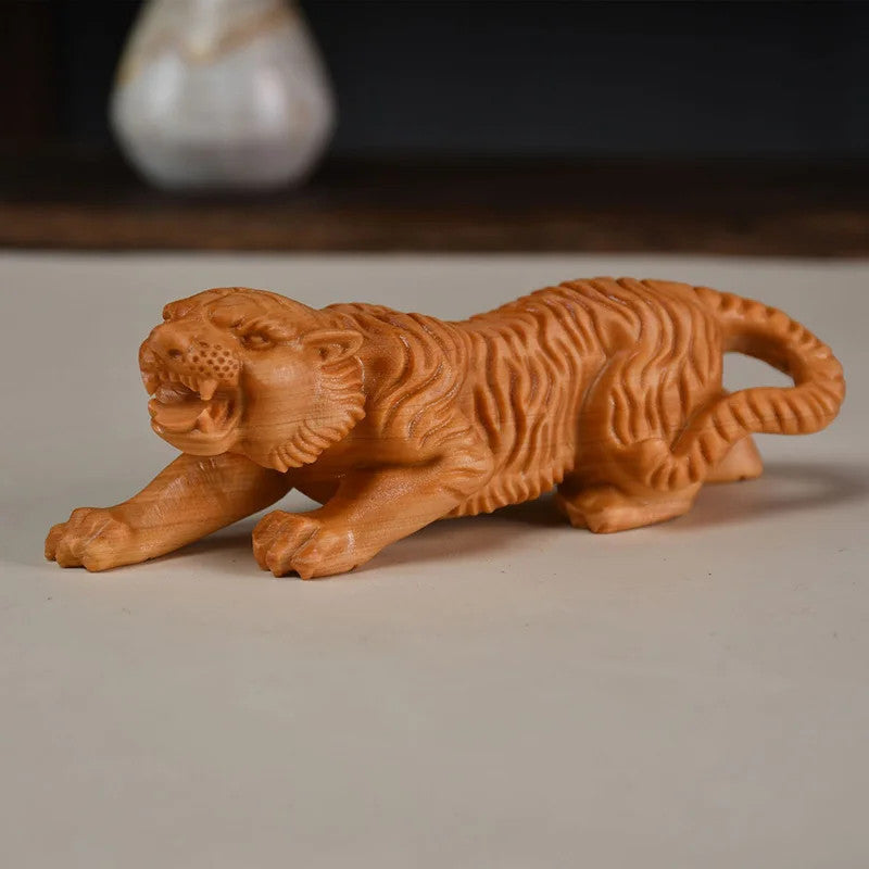 Wood Carving Tiger Sculpture Figurines Chinese Characteristic Office Decoration