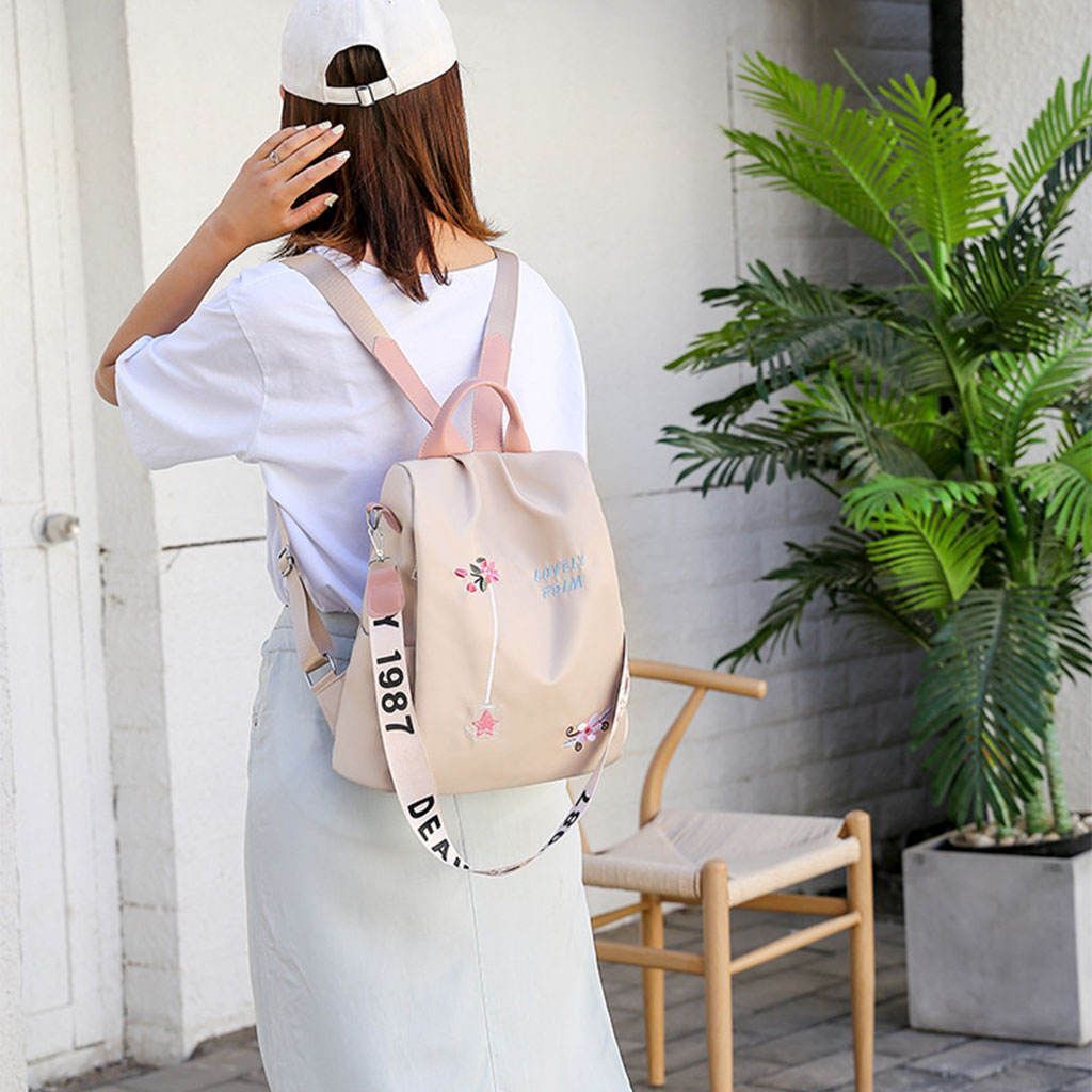 Nylon Backpack Flower Embroidered Shoulder School Book Bags Traveling Anti-Theft