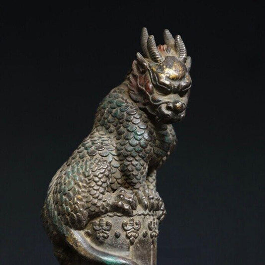 9" Old Dynasty Copper Feng Shui Kylin Unicorn Qilin Chi-lin Dragon Beast Statue