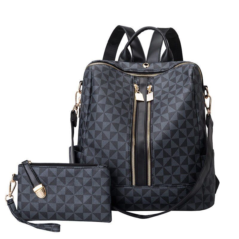Synthetic Leather Backpacks 2 Pcs Sets Traveling Bags Geometric Print Polyester