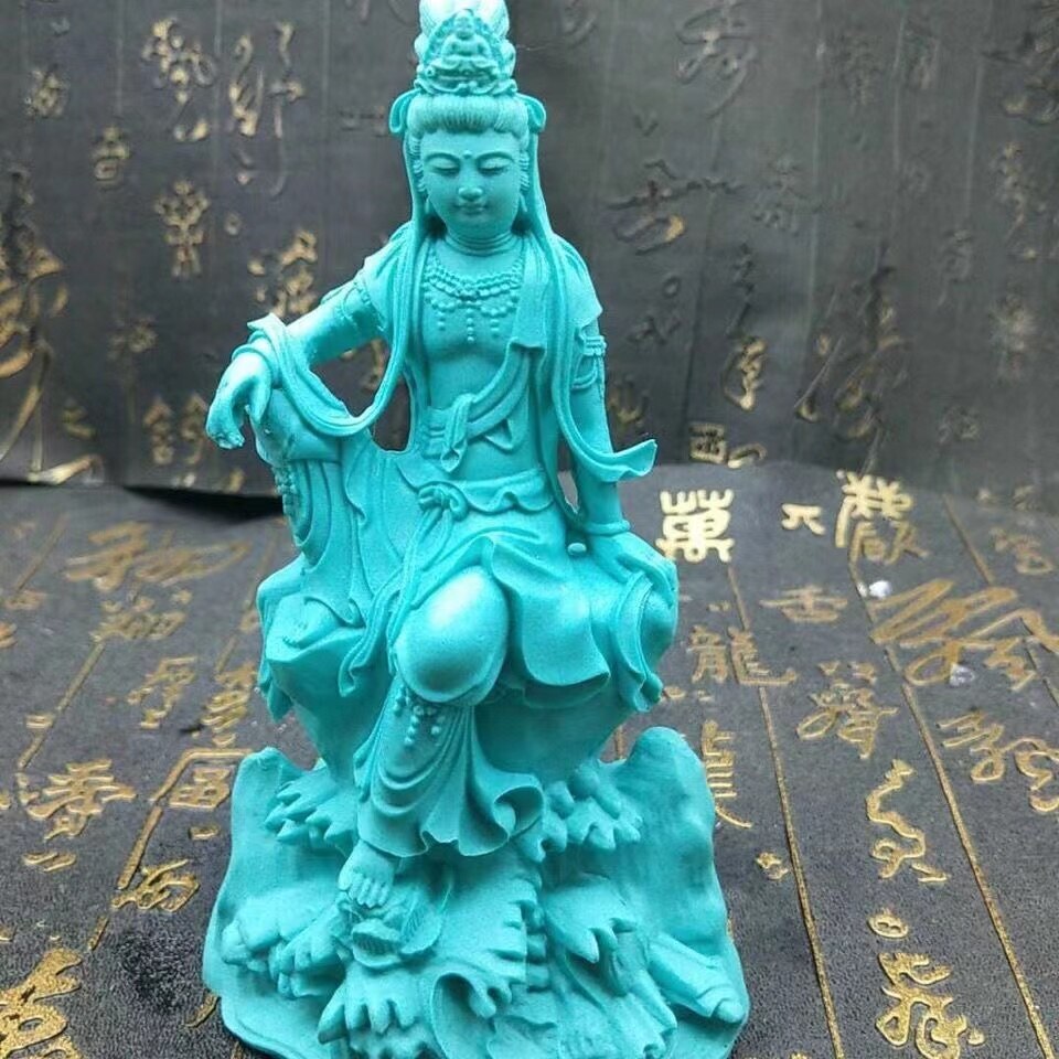 5.5" Turquoise Guanyin Buddhist Figure Statue Stone Decorations Home Design